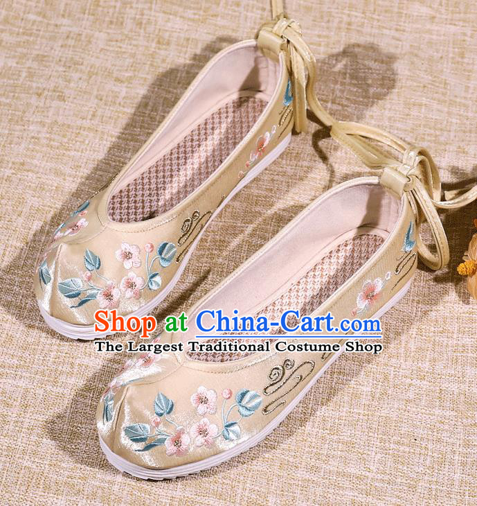 Asian Chinese Satin Shoes Embroidered Flowers Golden Shoes Traditional Opera Shoes Hanfu Shoes for Women