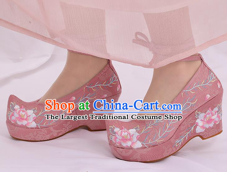 Asian Chinese Pink High Heel Shoes Embroidered Shoes Traditional Opera Shoes Hanfu Shoes for Women