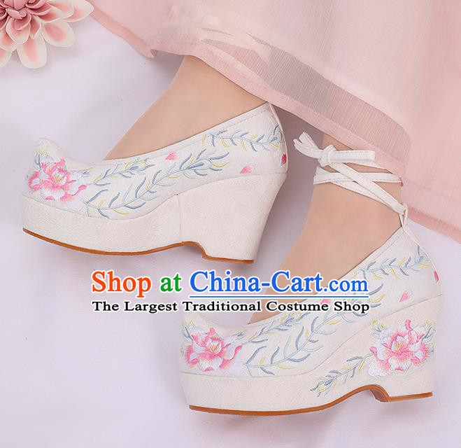 Asian Chinese White High Heel Shoes Embroidered Shoes Traditional Opera Shoes Hanfu Shoes for Women