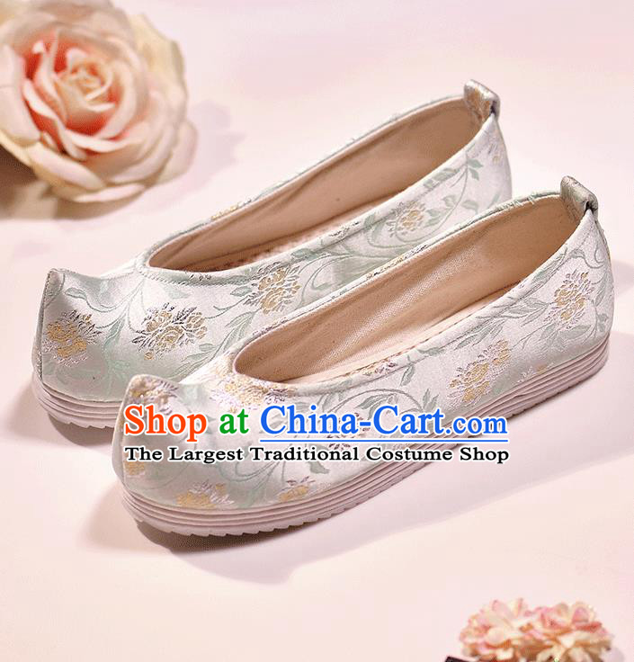 Asian Chinese Ming Dynasty Light Green Satin Shoes Embroidered Shoes Traditional Opera Shoes Hanfu Shoes for Women