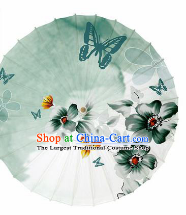 Chinese Traditional Printing Flowers Butterfly Green Oil Paper Umbrella Artware Paper Umbrella Classical Dance Umbrella Handmade Umbrellas