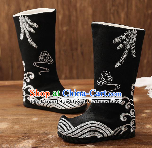 Asian Chinese Black Embroidered Boots Traditional Opera Boots Hanfu Shoes for Women