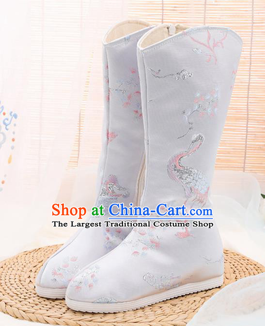 Asian Chinese Embroidered Plum Crane Grey Boots Traditional Opera Boots Hanfu Shoes for Women