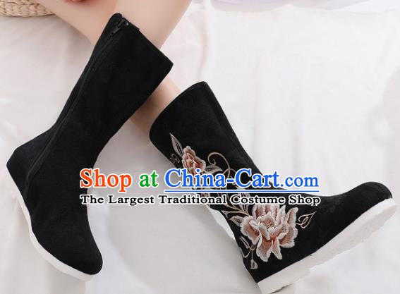 Asian Chinese Embroidered Peony Black Boots Traditional Opera Boots Hanfu Shoes for Women