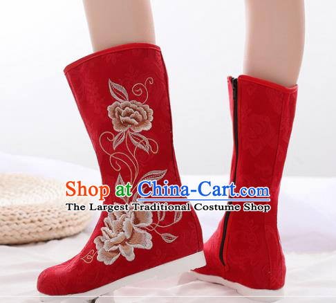 Asian Chinese Embroidered Peony Red Boots Traditional Opera Boots Hanfu Shoes for Women