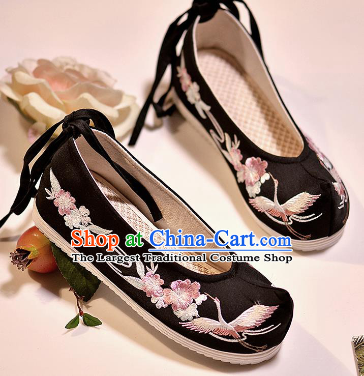 Asian Chinese Embroidered Crane Flowers Black Shoes Hanfu Shoes Traditional Opera Shoes Princess Shoes for Women