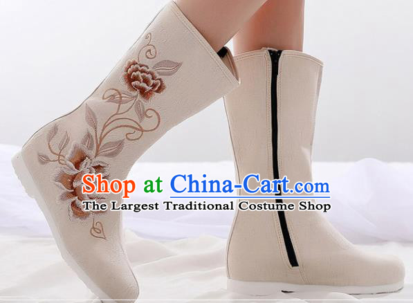 Asian Chinese Embroidered Peony Beige Boots Traditional Opera Boots Hanfu Shoes for Women