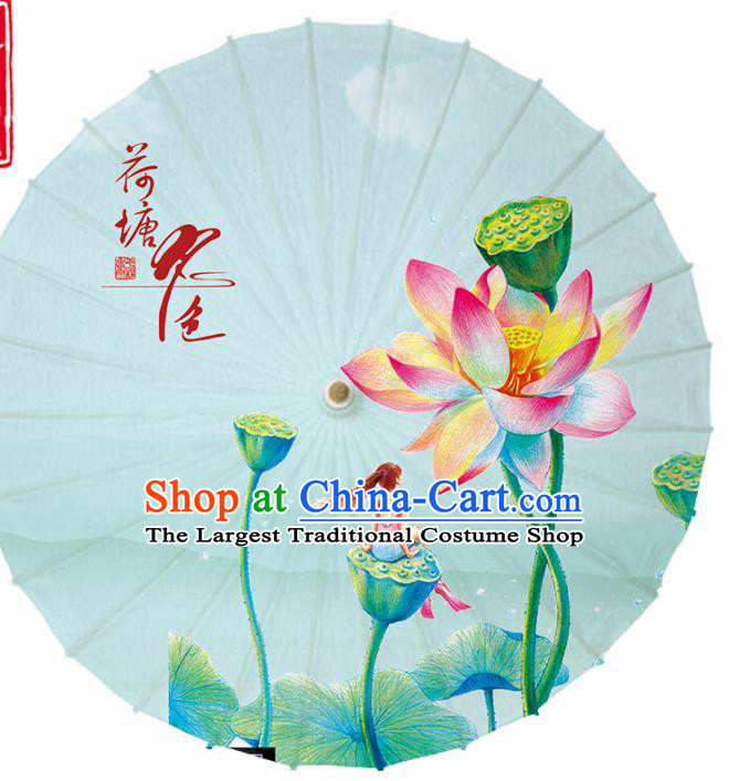 Chinese Traditional Printing Lotus Green Oil Paper Umbrella Artware Paper Umbrella Classical Dance Umbrella Handmade Umbrellas