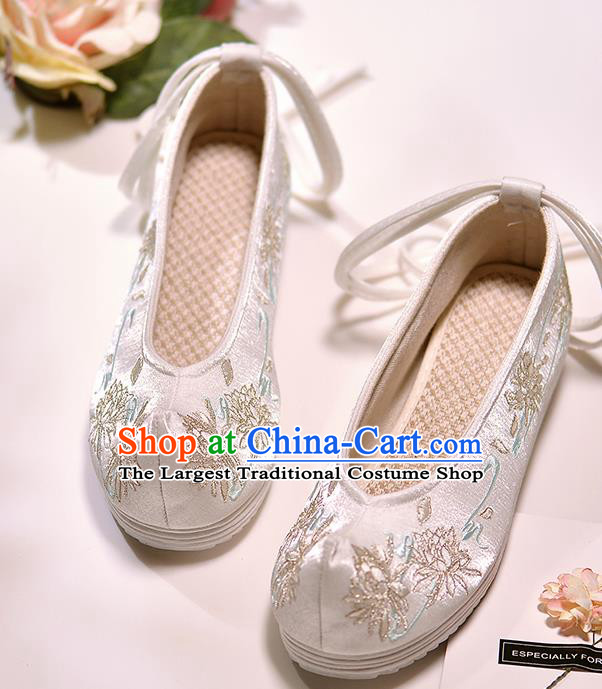 Asian Chinese Embroidered Epiphyllum White Satin Shoes Hanfu Shoes Traditional Opera Shoes Princess Shoes for Women