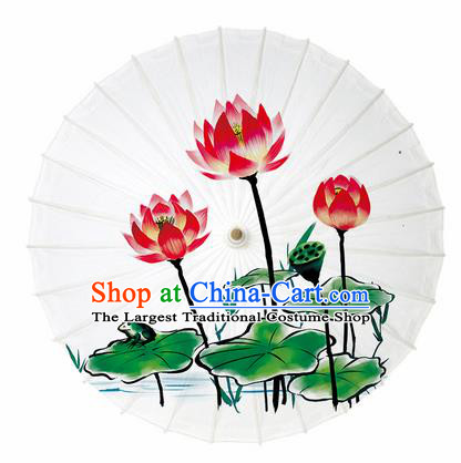 Chinese Printing Lotus White Oil Paper Umbrella Artware Paper Umbrella Traditional Classical Dance Umbrella Handmade Umbrellas