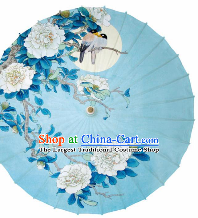 Chinese Printing Camellia Blue Oil Paper Umbrella Artware Paper Umbrella Traditional Classical Dance Umbrella Handmade Umbrellas