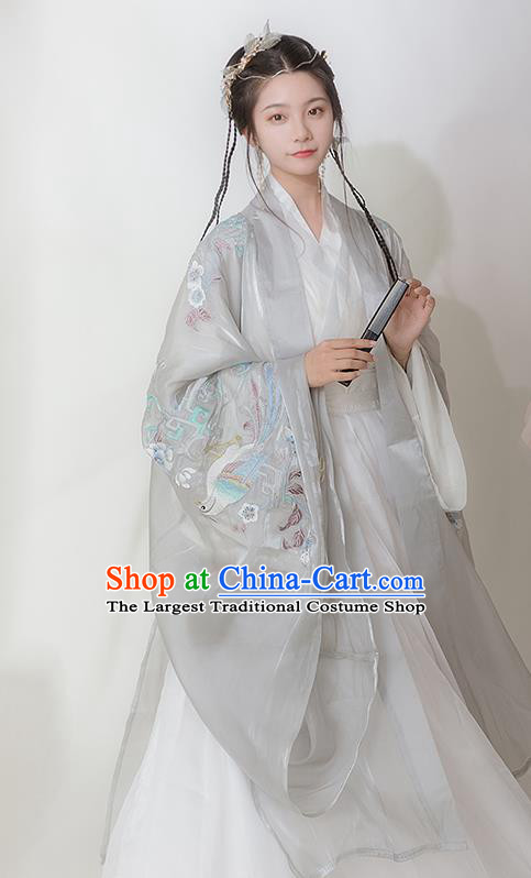 Chinese Ancient Hanfu Embroidered Grey Cardigan Traditional Ming Dynasty Princess Costumes for Women