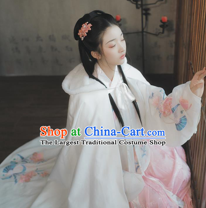 Chinese Ancient Female Swordsman Hanfu White Cape Traditional Ming Dynasty Palace Lady Costume for Women