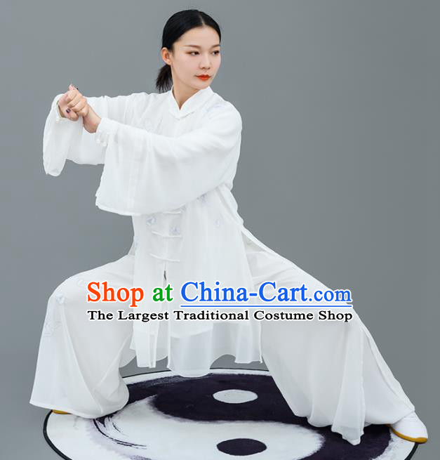 Chinese Traditional Tai Chi Training Embroidered White Costumes Martial Arts Performance Outfits for Women