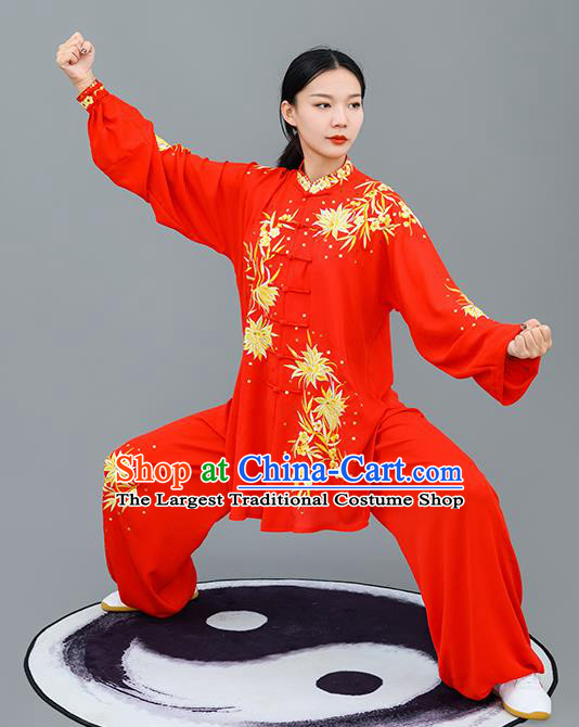 Chinese Traditional Tai Chi Training Embroidered Golden Flowers Costumes Martial Arts Performance Outfits for Women