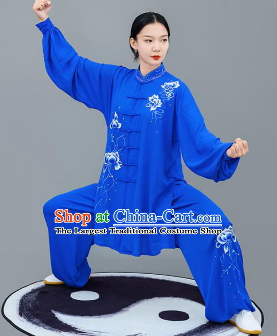 Chinese Traditional Tai Chi Training Embroidered Lotus Royalblue Costumes Martial Arts Performance Outfits for Women