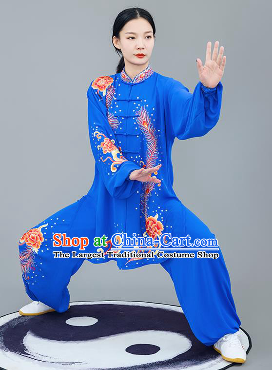 Chinese Traditional Tai Chi Training Embroidered Phoenix Peony Royalblue Costumes Martial Arts Performance Outfits for Women