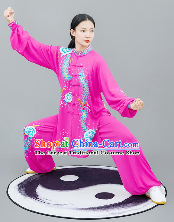 Chinese Traditional Tai Chi Training Embroidered Phoenix Peony Rosy Costumes Martial Arts Performance Outfits for Women