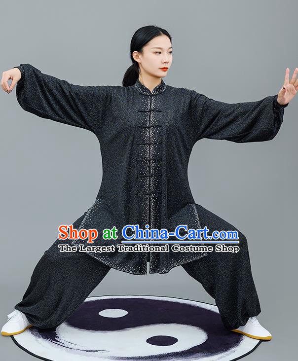 Chinese Traditional Tai Chi Training Bright Silk Black Costumes Martial Arts Performance Outfits for Women