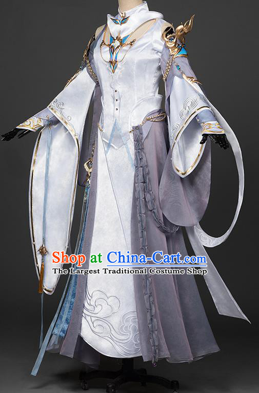 Chinese Traditional Cosplay Peri Goddess Costumes Ancient Female Swordsman White Hanfu Dress for Women