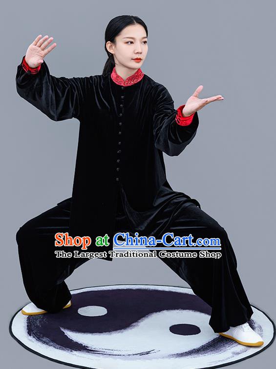 Chinese Traditional Tai Chi Training Black Velvet Costumes Martial Arts Performance Outfits for Women