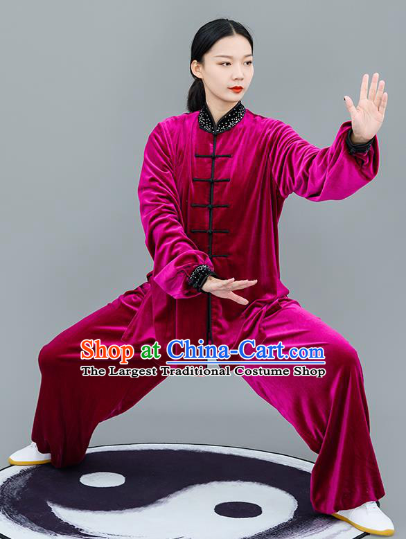 Chinese Traditional Tai Chi Training Rosy Velvet Costumes Martial Arts Performance Outfits for Women