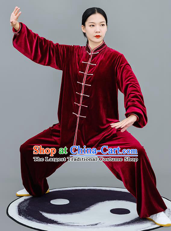 Chinese Traditional Tai Chi Training Purplish Red Velvet Costumes Martial Arts Performance Outfits for Women