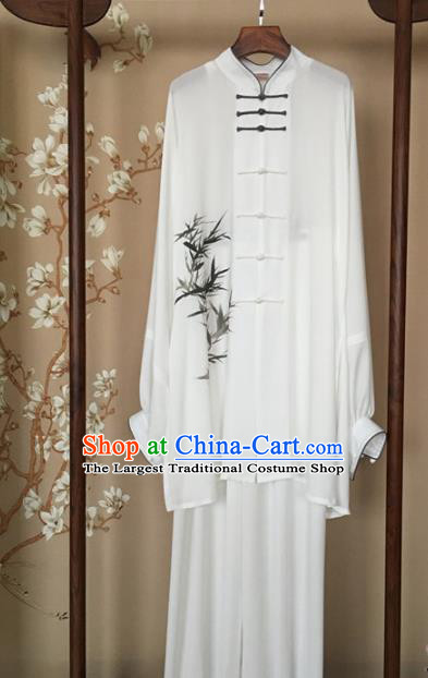 Chinese Traditional Tai Chi Training Printing Bamboo White Costumes Martial Arts Performance Outfits for Men