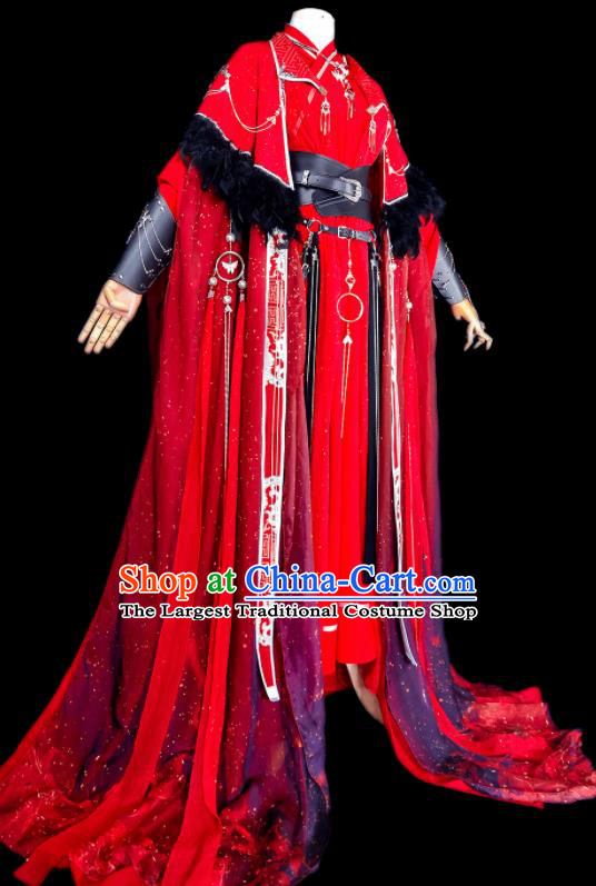 Chinese Traditional Cosplay Swordsman Wedding Costumes Ancient Royal Highness King Red Clothing for Men