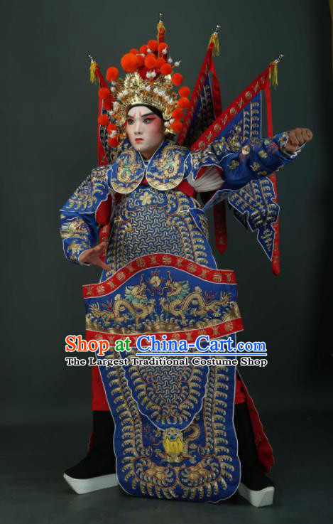 Chinese Traditional Beijing Opera Chu King Blue Costumes Peking Opera Takefu Embroidered Da Kao Clothing for Men