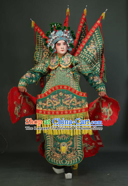 Chinese Traditional Beijing Opera Chu King Green Costumes Peking Opera Takefu Embroidered Da Kao Clothing for Men