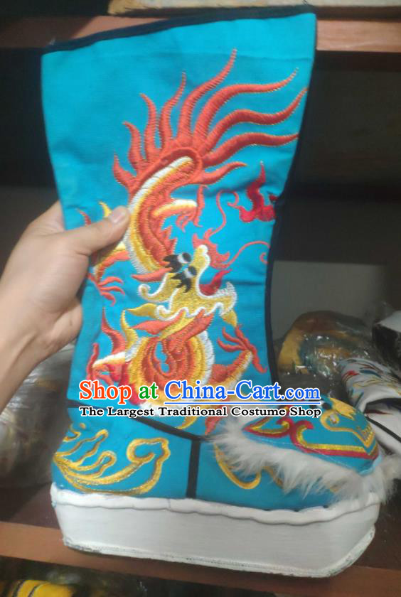 Chinese Traditional Beijing Opera Embroidered Dragon Blue Boots Peking Opera Takefu Shoes for Men