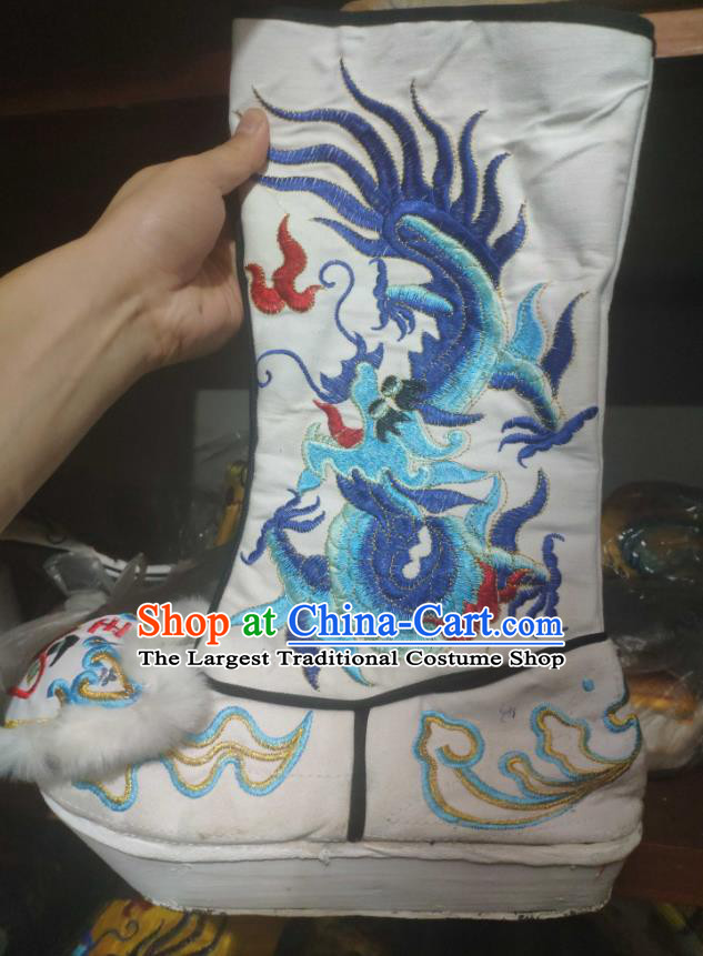 Chinese Traditional Beijing Opera Embroidered Dragon White Boots Peking Opera Takefu Shoes for Men