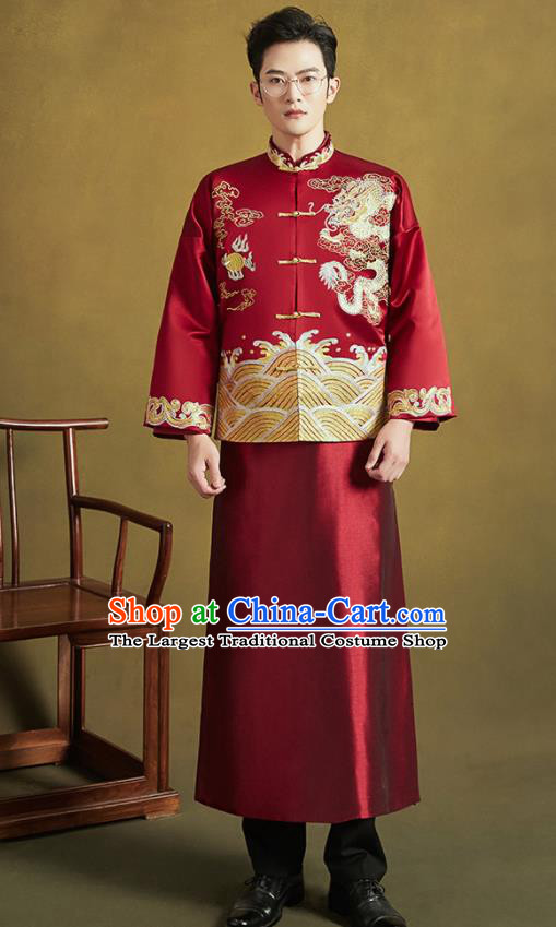 Chinese Traditional Wedding Tang Suit Costumes Ancient Bridegroom Embroidered Dragon Blouse and Long Gown for Men