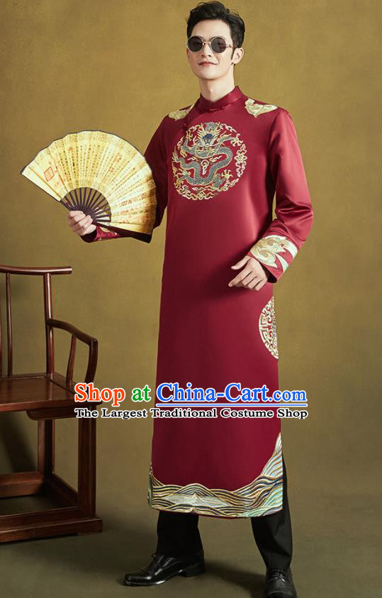 Chinese Ancient Bridegroom Embroidered Red Long Gown Traditional Wedding Tang Suit Costumes for Men