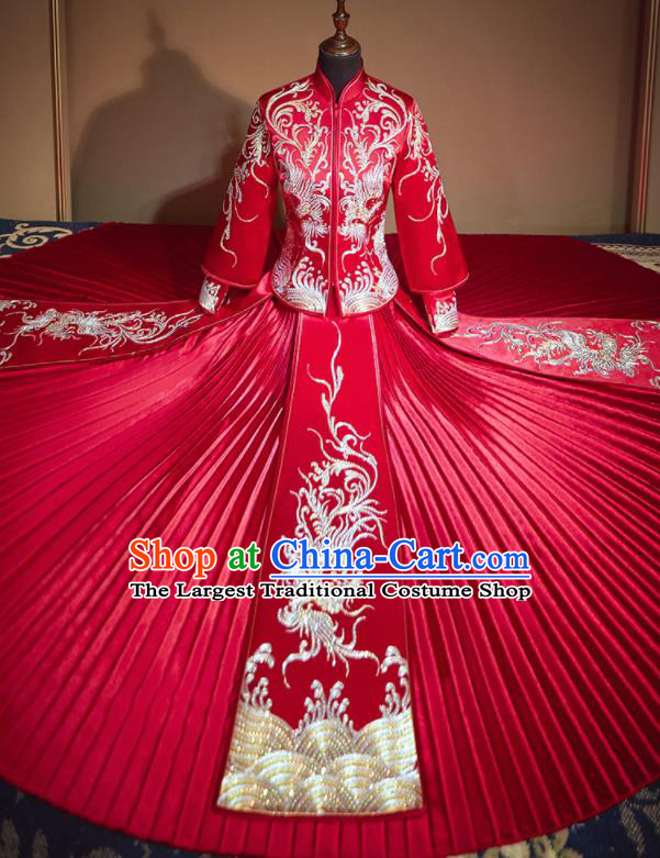 Chinese Traditional Embroidered Drilling Phoenix Red Xiu He Suit Wedding Dress Ancient Bride Costumes for Women