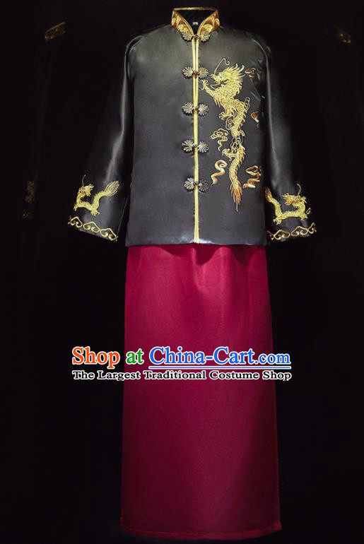 Chinese Ancient Bridegroom Embroidered Black Mandarin Jacket and Wine Red Long Gown Traditional Wedding Tang Suit Costumes for Men