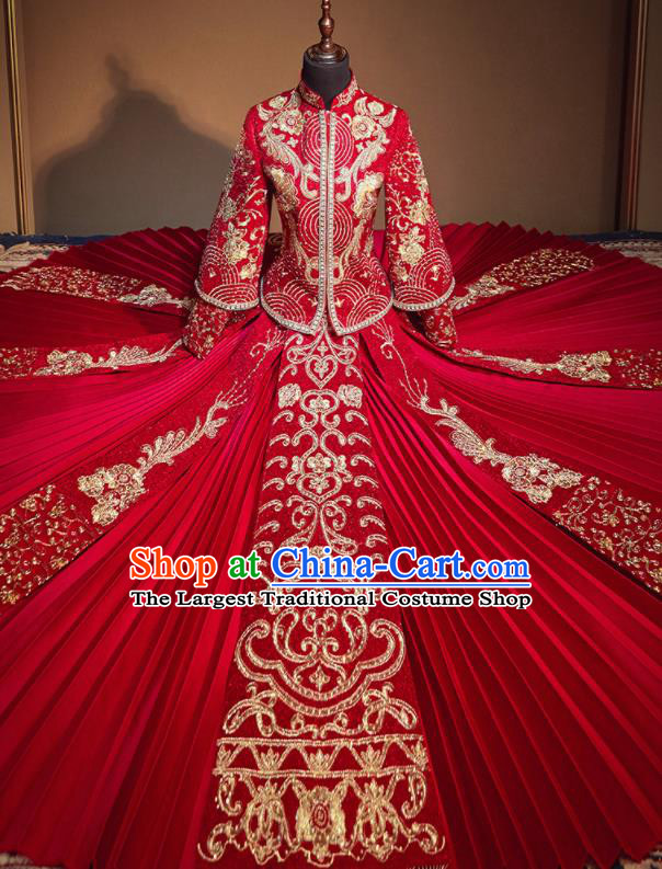 Chinese Traditional Drilling Red Xiu He Suit Embroidered Wedding Dress Ancient Bride Costumes for Women