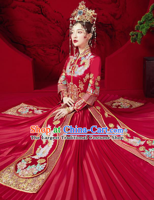 Chinese Traditional Drilling Peony Red Xiu He Suit Embroidered Phoenix Wedding Dress Ancient Bride Costumes for Women