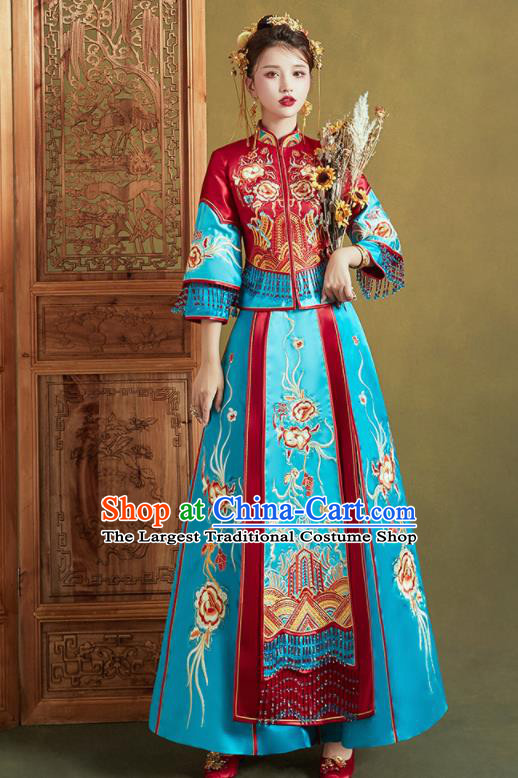 Chinese Traditional Wedding Xiu He Suit Embroidered Blue Dress Ancient Bride Costumes for Women