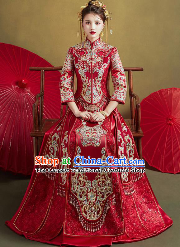 Chinese Traditional Wedding Xiu He Suit Embroidered Drilling Red Jacket and Dress Ancient Bride Costumes for Women