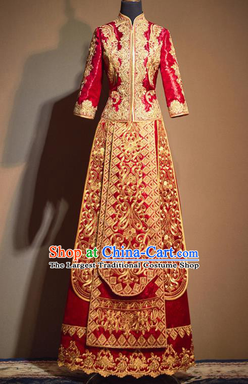 Chinese Traditional Wedding Embroidered Flowers Xiu He Suit Red Blouse and Dress Ancient Bride Costumes for Women