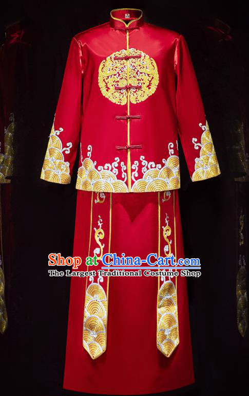 Chinese Ancient Bridegroom Embroidered Red Mandarin Jacket and Long Gown Traditional Wedding Tang Suit Costumes for Men