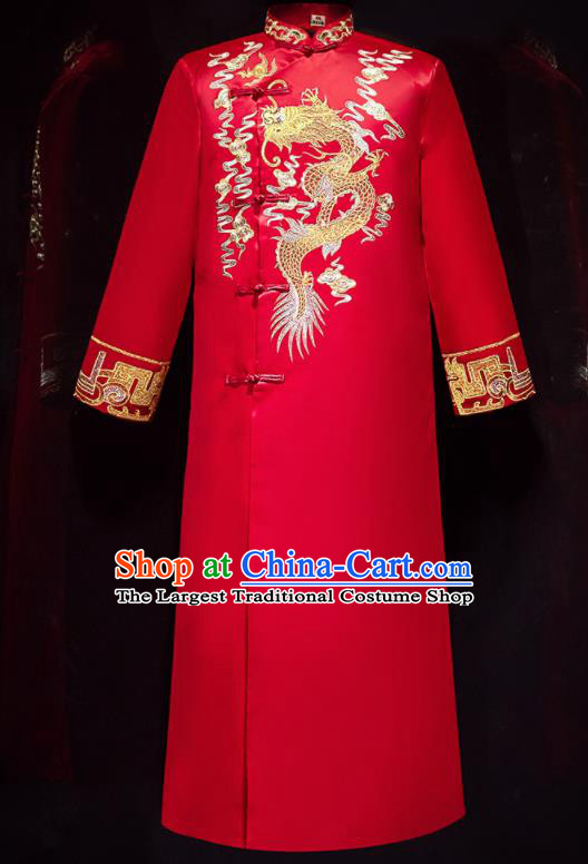 Chinese Ancient Bridegroom Embroidered Dragon Red Long Gown Traditional Wedding Tang Suit Costumes for Men