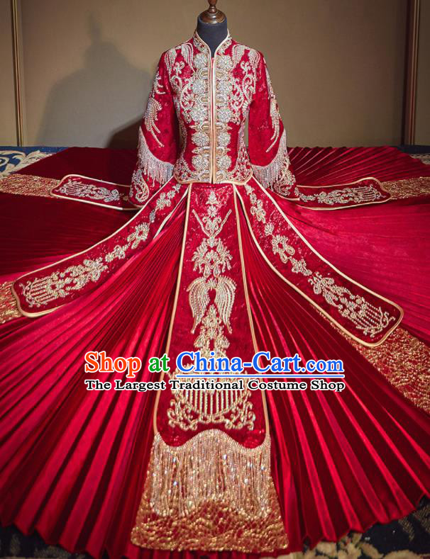 Chinese Traditional Wedding Embroidered Drilling Xiu He Suit Red Blouse and Dress Ancient Bride Costumes for Women