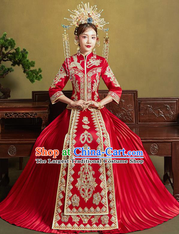 Chinese Traditional Wedding Embroidered Xiu He Suit Red Blouse and Dress Ancient Bride Costumes for Women