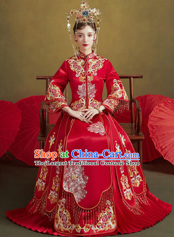 Chinese Traditional Embroidered Wedding Xiu He Suit Red Blouse and Dress Ancient Bride Costumes for Women