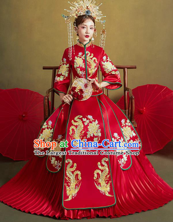 Chinese Traditional Embroidered Phoenix Peony Wedding Xiu He Suit Red Blouse and Dress Ancient Bride Costumes for Women