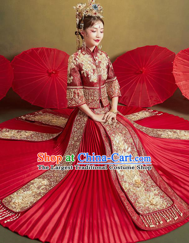 Chinese Traditional Wedding Drilling Xiu He Suit Embroidered Flowers Wine Red Blouse and Dress Ancient Bride Costumes for Women