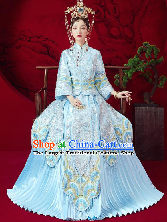 Chinese Traditional Embroidered Wedding Blue Xiu He Suit Blouse and Dress Ancient Bride Costumes for Women